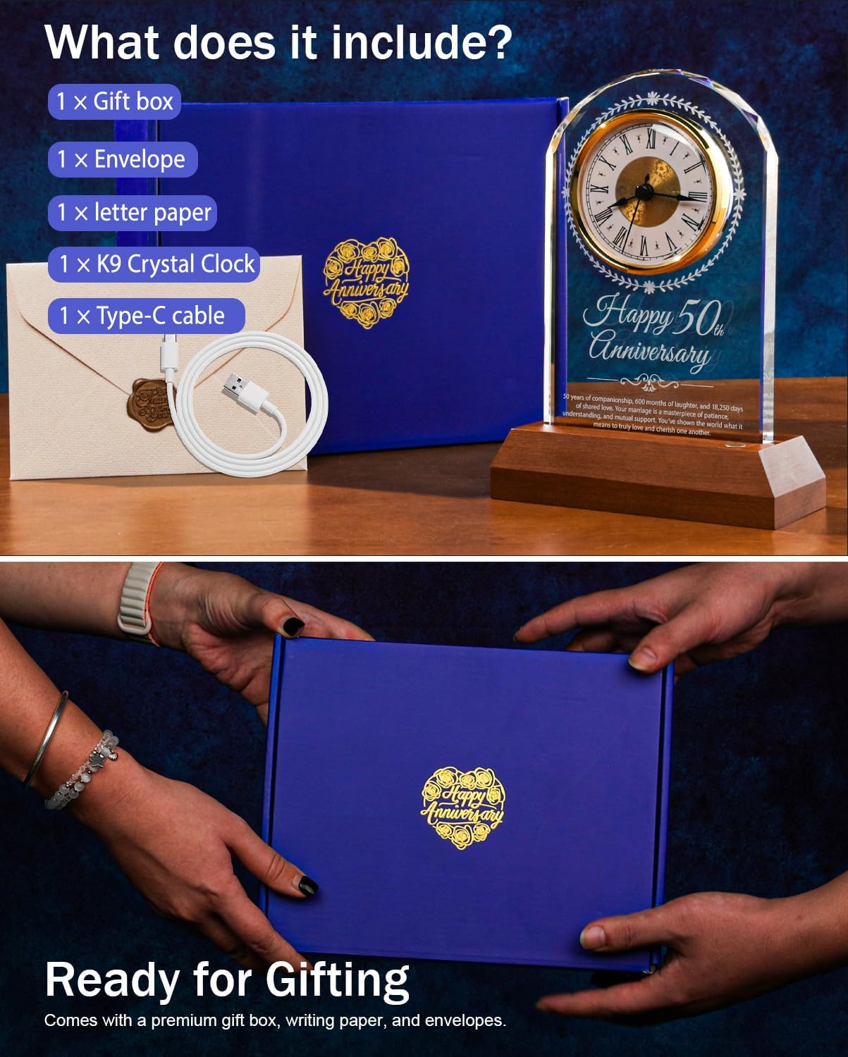 50th Wedding Anniversary Crystal Quartz Clock with Wooden Light Base,50 Years of Marriage Gift,Happy Golden Anniversary Decoration Gift,for Parents,Grandparents,Couple - Image 4