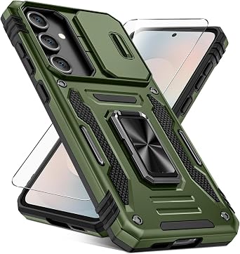 Caka for Samsung Galaxy S25 FE Case [HD Screen Protector] [Full Camera Lens Cover] [360Rotated Kickstand Ring] [Heavy Duty Protection] Hard Rugged Protective Phone Cover for S25 FE - Olive Green