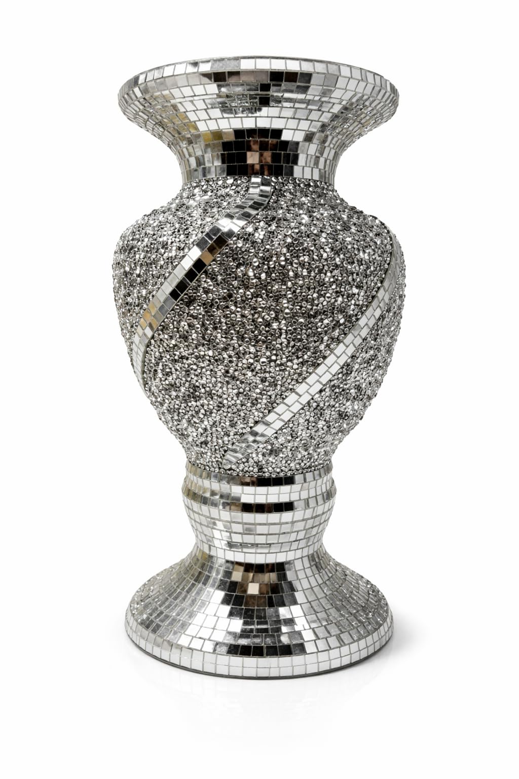 Large Crushed Diamond Zigzag Mirrored Silver Vase - Handmade Ceramic Sparkling Flower Pot Sculpture - Glamorous Modern Bling Vase Ornament, 30cms Height