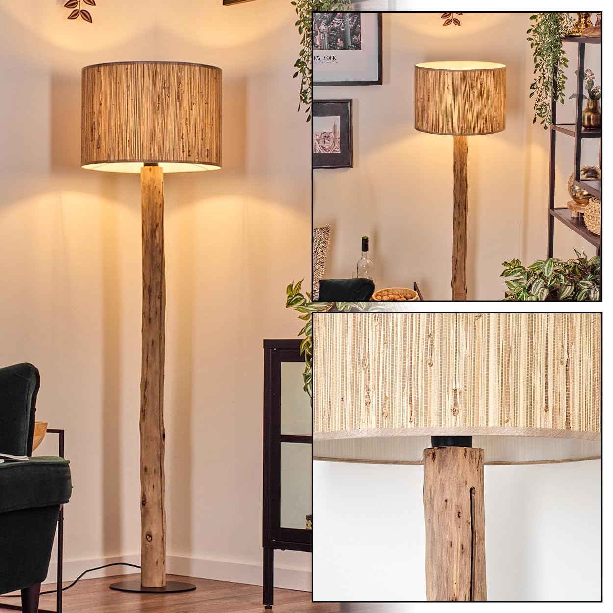 HOFSTEIN Stehleuchte Bongal, Stehlampe aus Holz/Metall im skandinavischen Design, Boho-Style, Schirm aus Seegras, Ø 40 cm, E27, 148 cm, mit Fußschalter - Wohnzimmer, Schlafzimmer, Esszimmer, Flur