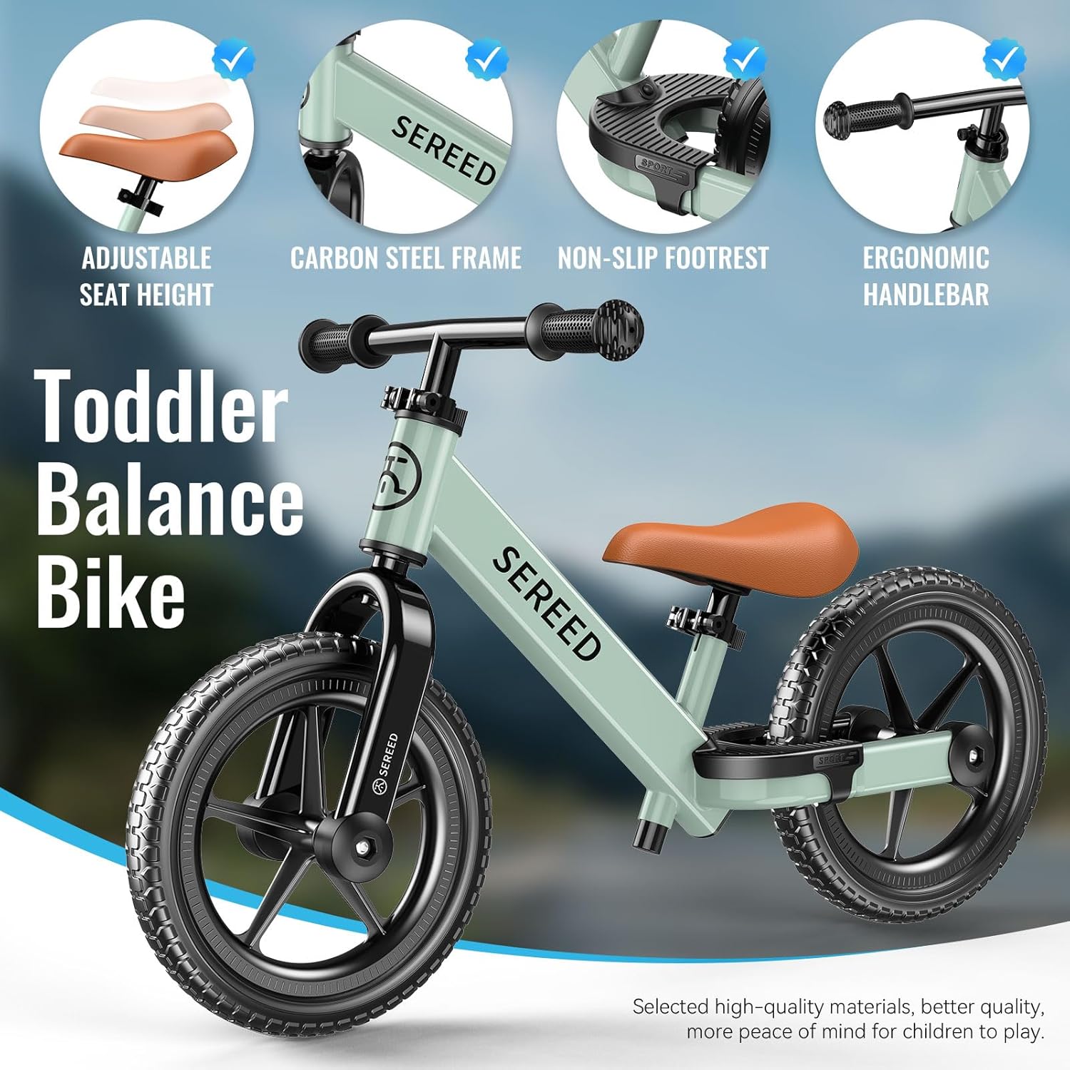 SEREED Toddler Balance Bike 2 Year Old, No Pedal Kids Bicycle Toys for 2-5 Years Old, Tool-Free Adjustment, Customize Plate with Stickers, Gift for 2-3 Boys Girls (Mint Green)