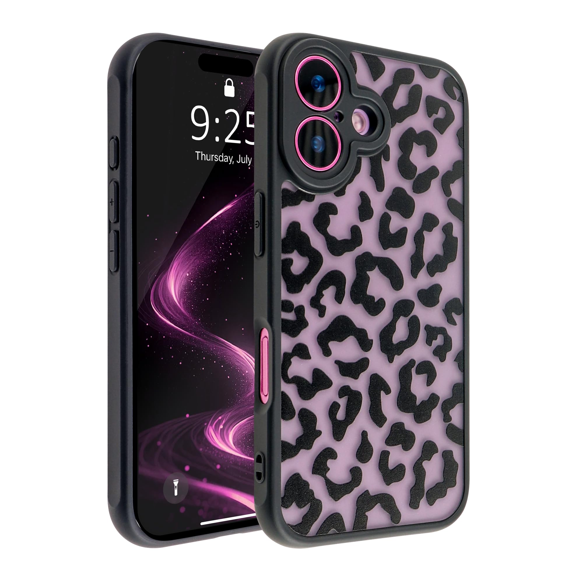 ANDATE Case for iPhone 16 Plus, [Leopard Print Design] Black Soft TPU Bumper Hard PC Back Women Girls Slim Shockproof Translucent Matte Cover Case for