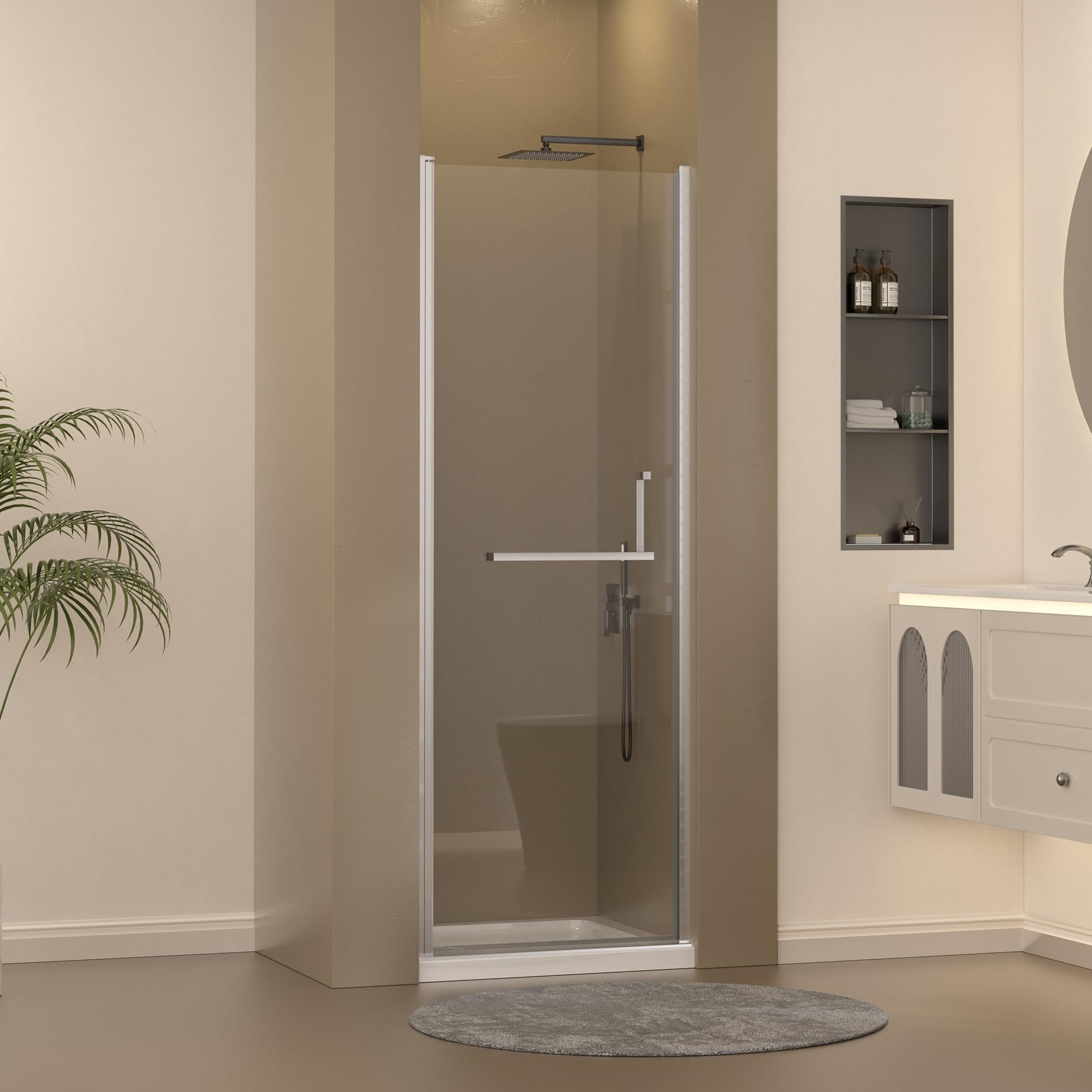 frameless pivot shower door 27-28" w x 72" h, pivot swing shower glass door with 1/4"(6mm) clear tempered glass shower door, easy to clean bathroom shower door, brushed nickle