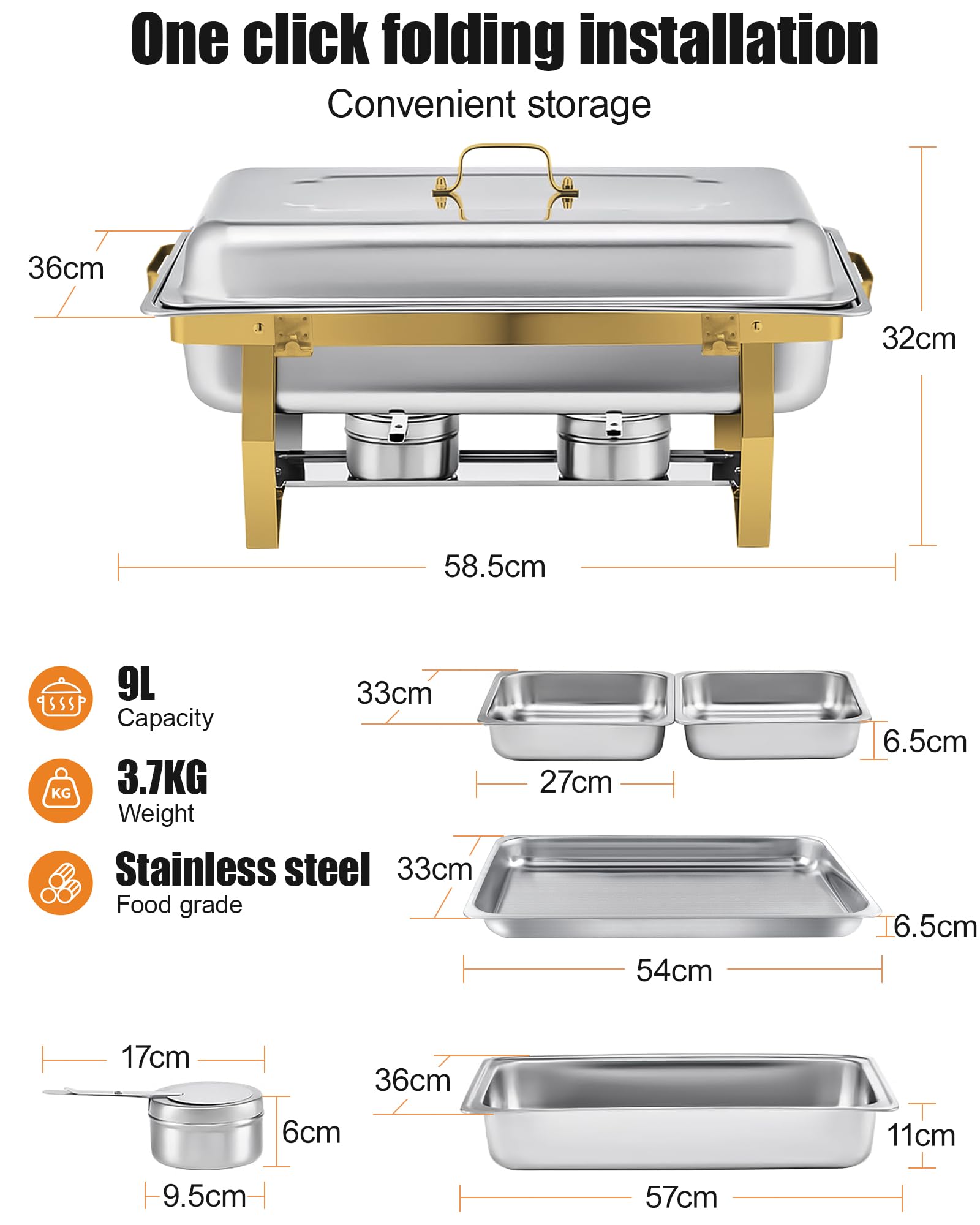 Gold Chafing Dish Buffet Set 9L,Buffetwärmer[Rollranddesign],2pcs Edelstahl Warmhaltebehälter [Elegante Gold und Silberfarben] Speisenwärmer Rechaud für Catering Buffet und Party