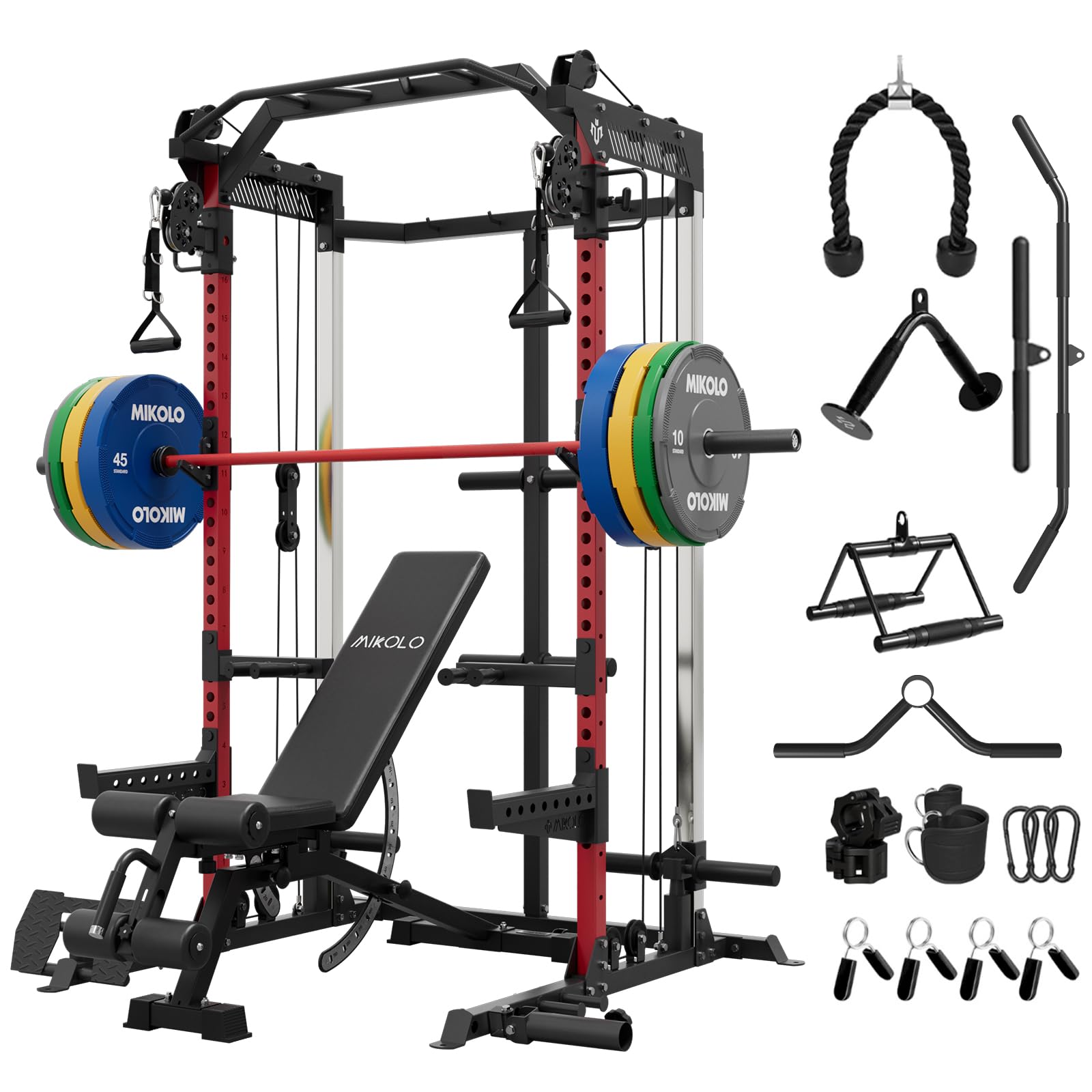 Mikolo Power Cage, 2000LB Power Rack with Independent Dual Pulley System, Multi-Function Home Gym Workout Machine for Cable Crossover