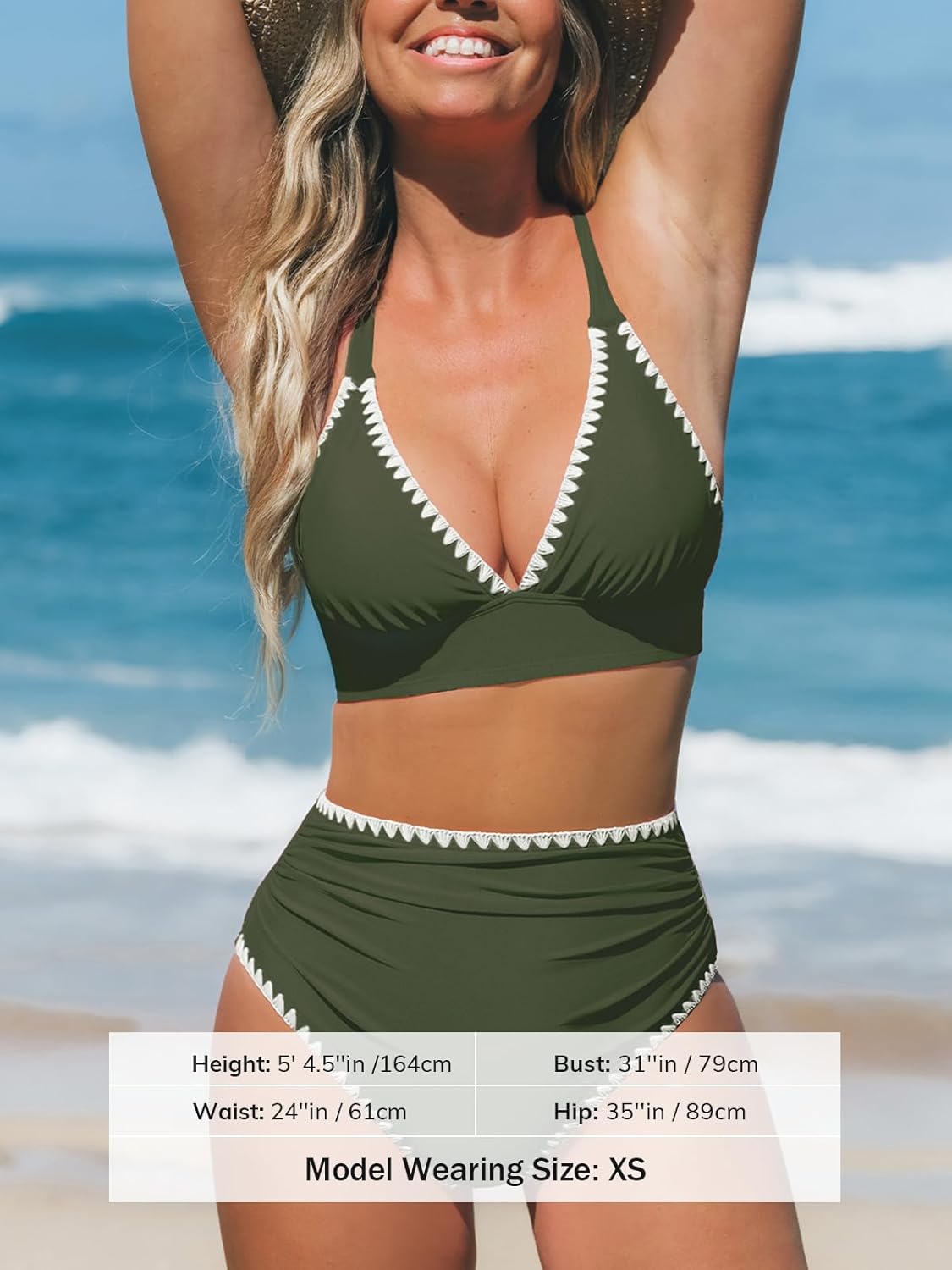 CUPSHE Women's Bikini Sets High Waisted Swimsuit Deep V Neck Crisscross Back Tie Stitching Ruched Full Coverage - Image 5