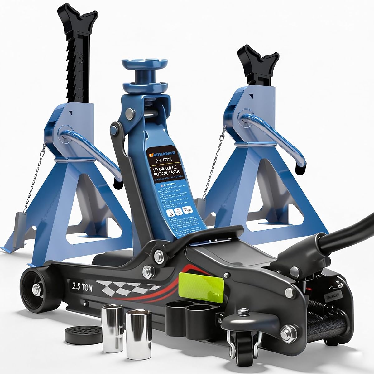 LARBANKE 2.5 Ton Low Profile Floor Jack with 2 Jack Stands Kit, 5500 lbs Hydraulic Car Jack Set Includes Free Lug Nut Sockets & Rubber Pad, Complete Maintenance Kit