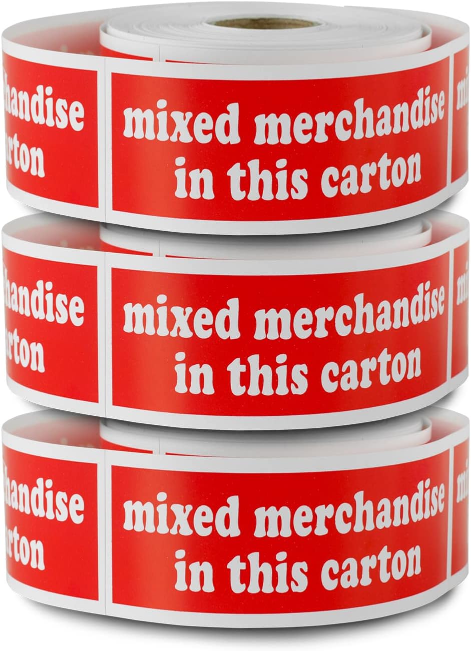 Mixed Merchandise in This Carton Labels (4 x 1.5 inch, Red - 900 Labels) Mixed Merchandise Stickers for Shipping & Handling Instructions - Strong Adhesive