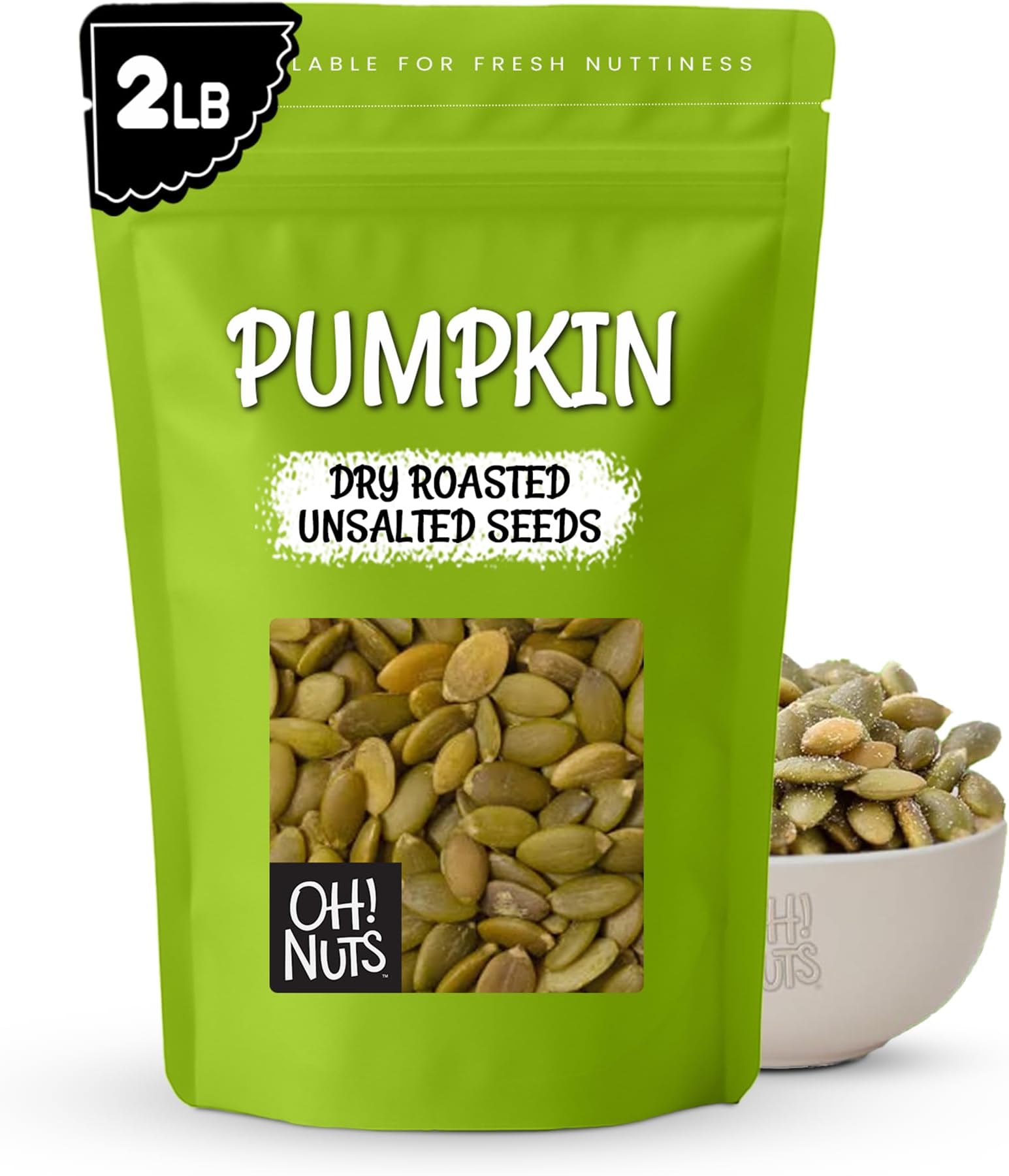 Oh! Nuts Pumpkin Seeds - Dry Roasted Unsalted - 2 lb - All-Natural Protein Power Unshelled Pepitas - Packed in New York Zip-Seal Bag for Exceptional Freshness
