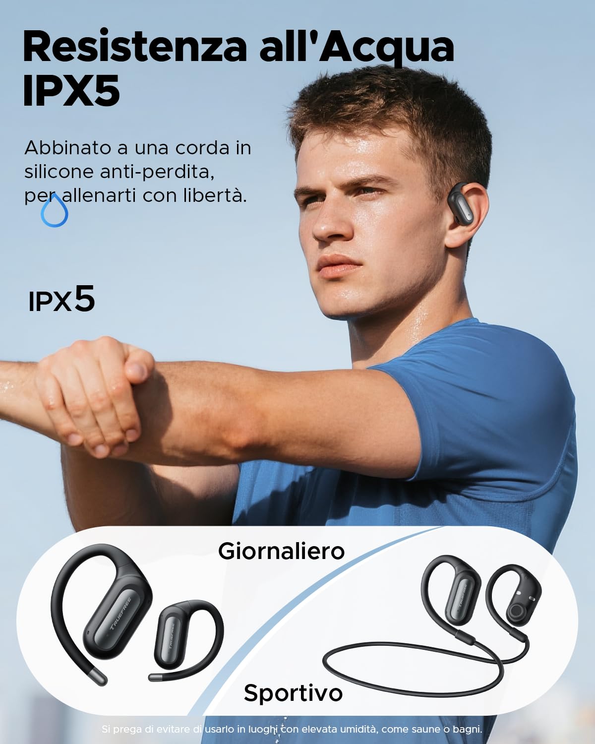 truefree EarFit DS1 Cuffie Bluetooth 6.0, Wireless Auricolari Sport con Cordino, 40 Ore di Riproduzione, 4 HD Mics, IPX5 Impermeabili, Controllo Tattile, per Corsa/Fitness/Palestra, Nero