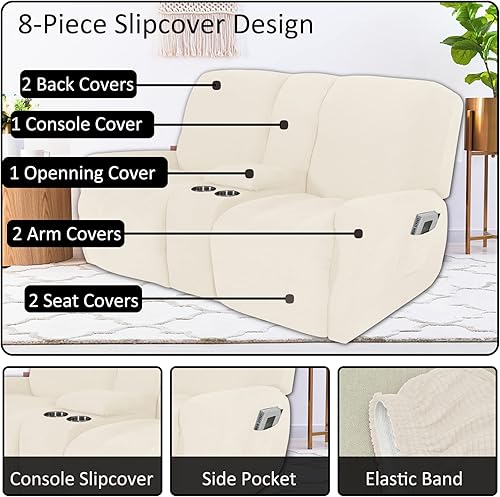 Miniatura 5 de NILUOH Sofá biplaza reclinable con funda para consola, funda elástica de 8 piezas de jacquard reclinable de 2 plazas, funda de sofá reclinable