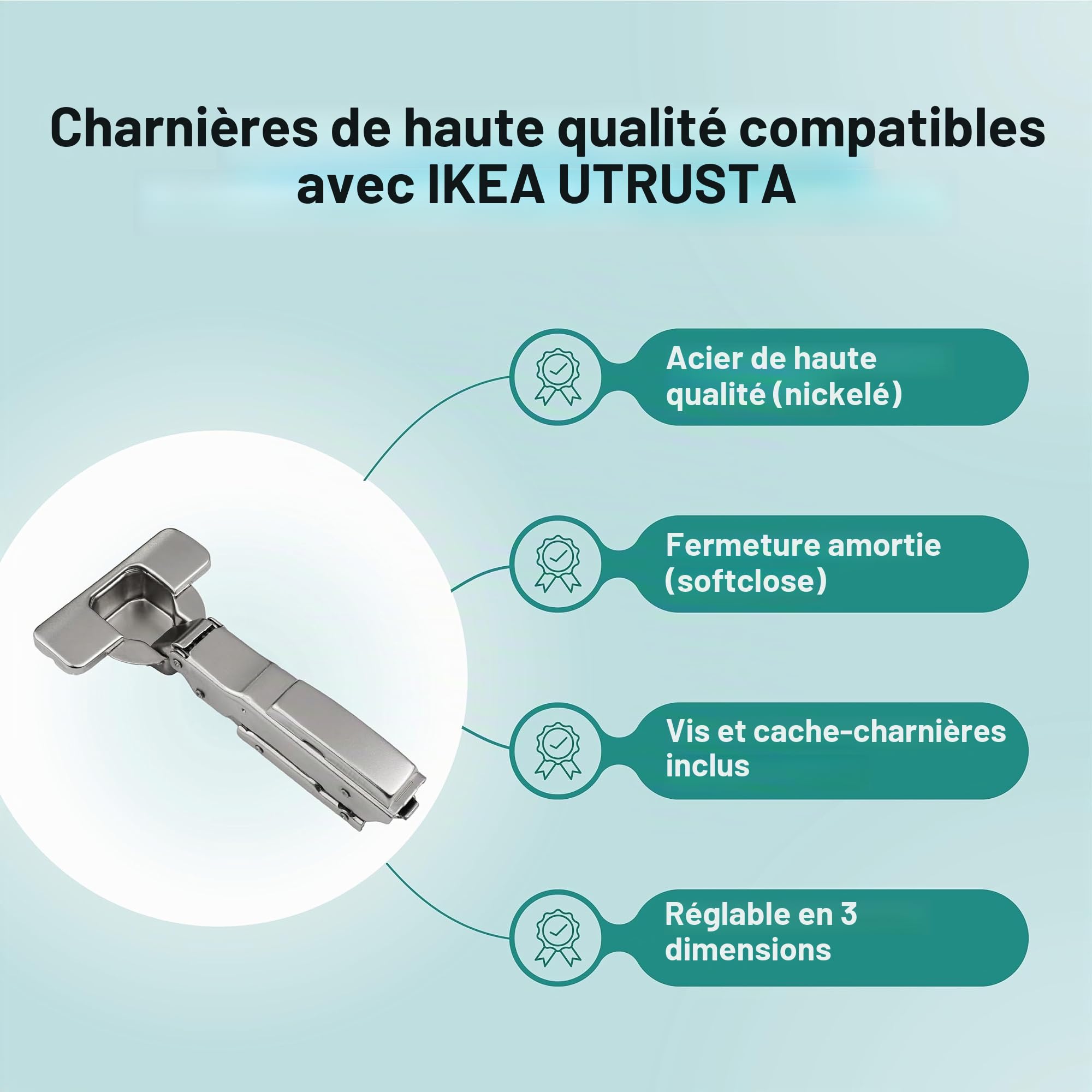 Lot de 4 charnières à fermeture amortie pour charnière Ikea Utrusta 110 | et Metod Kitchen avec amortisseur intégré - Avec instructions de montage (français non garanti)