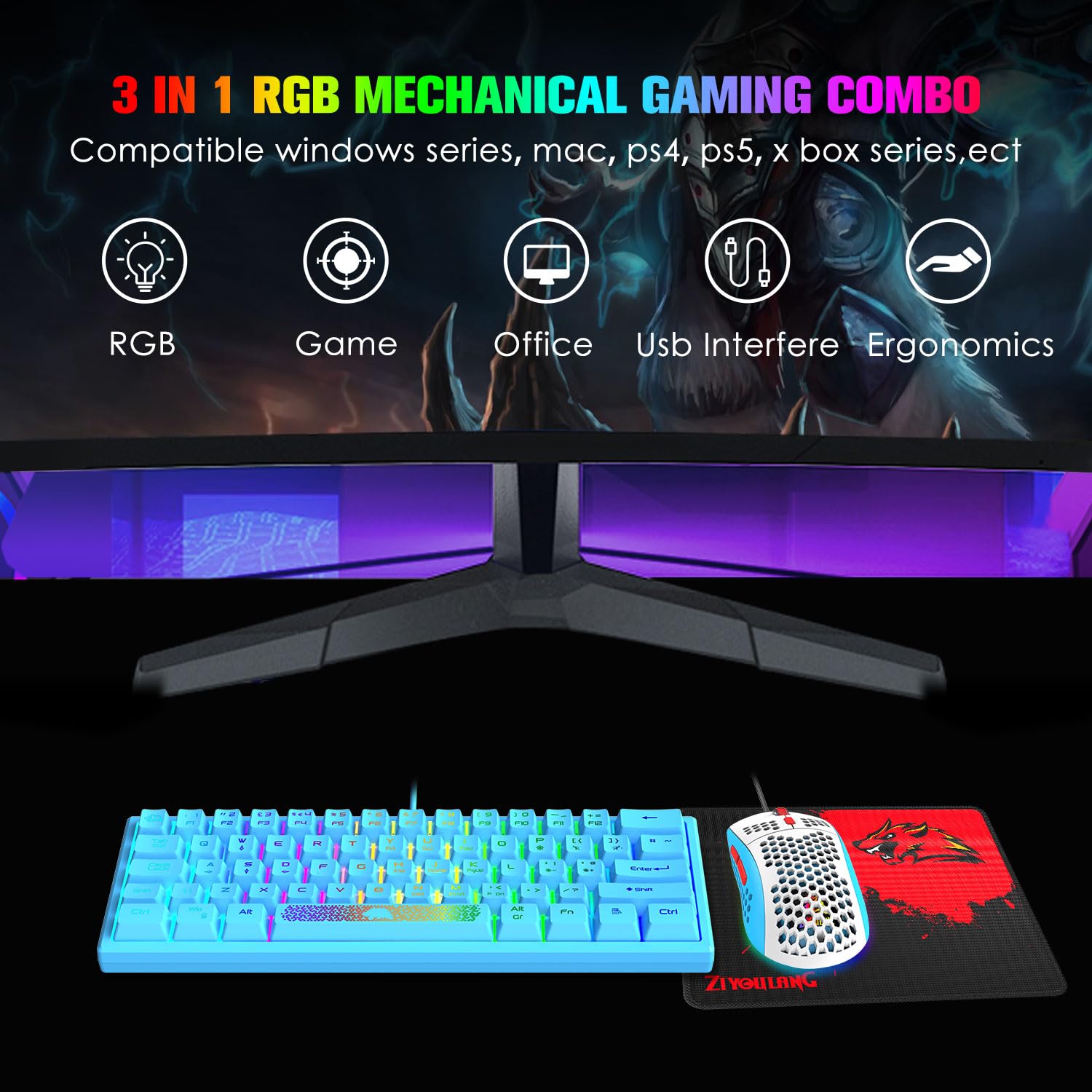 60% Kompaktowa Klawiatura Do Gier Zestaw Mechaniczne Odczucie Mini Ergonomiczna Podświetlana Klawiatura RGB - Oddychająca Dioda LED 12000 DPI Ultralekka Mysz Z Powłoką O Strukturze Plastra Miodu