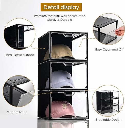 Miniatura 4 de Organizador de sombreros para gorras de béisbol, paquete de 6 cajas de almacenamiento de sombreros de plástico transparente con puerta magnética,