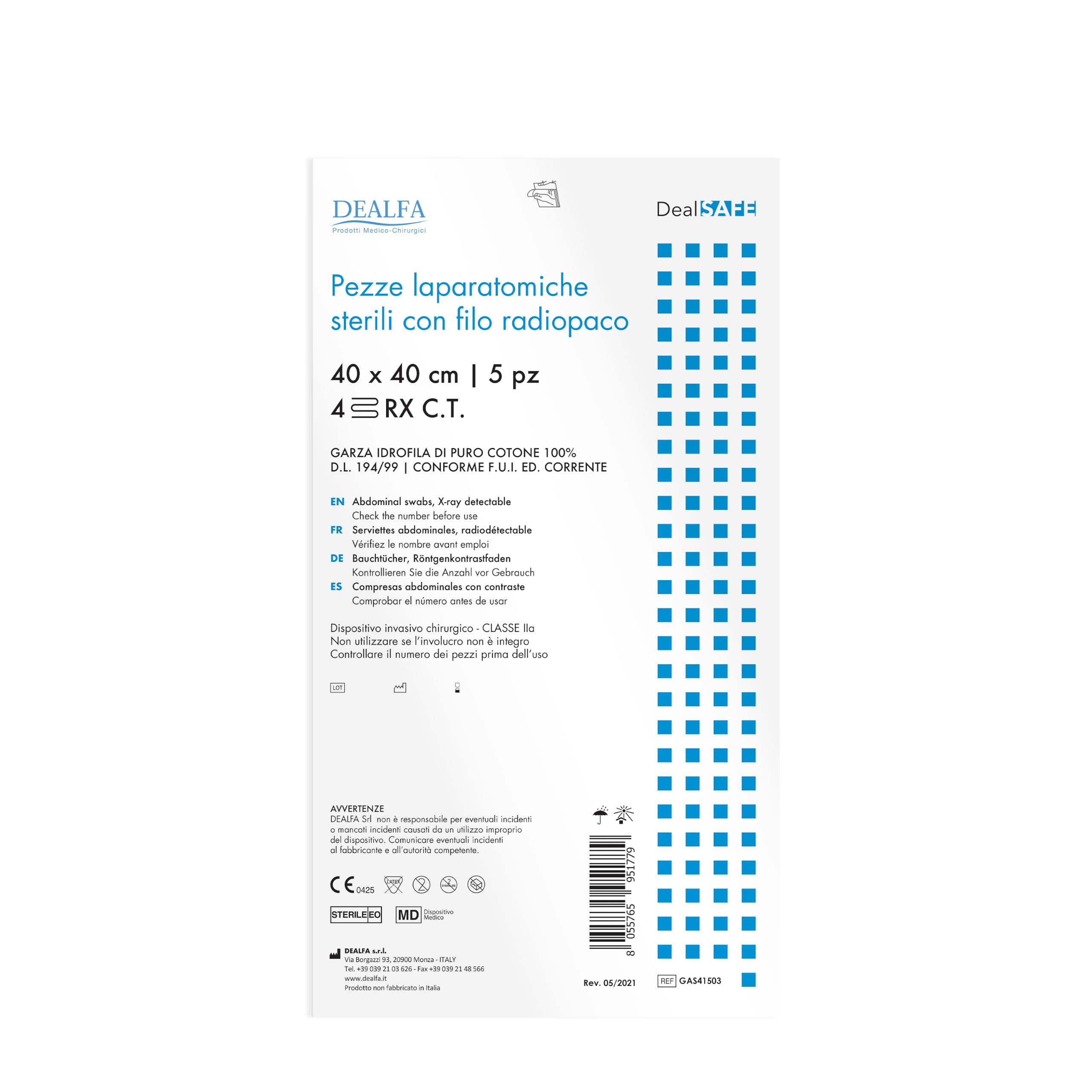 DEALFA 5 PCS Compresses de Gaze Laparotomie Stériles – 40x40 cm – 4 Couches avec Fil Radiopaque RX – Couleur Blanche – Double Enveloppe Stérile de 5 Unités – Lot de 5 Double Enveloppes