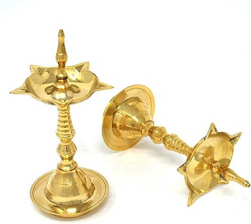 Miniatura 4 de Hashcart Diya de latón para Pooja Kerala Diya 10 pulgadas, juego de 2, tamaño mediano Diya lámpara para Puja Diwali Diyas - Lámpara tradicional de