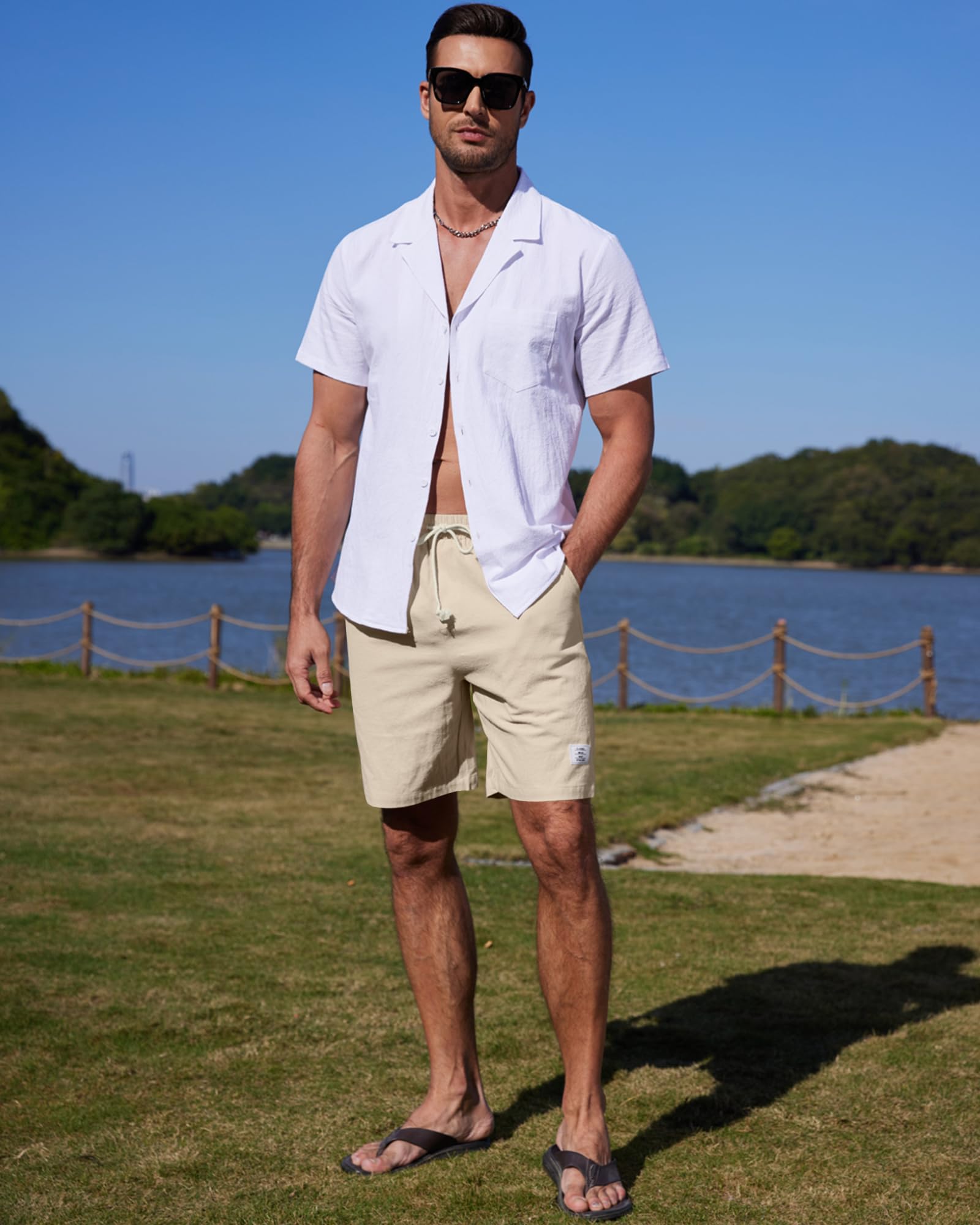 YAOHUOLE Herren Leinenhose Kurz Leinen Shorts Sommer Beach Kurze Hosen Leinen Bermuda Hose
