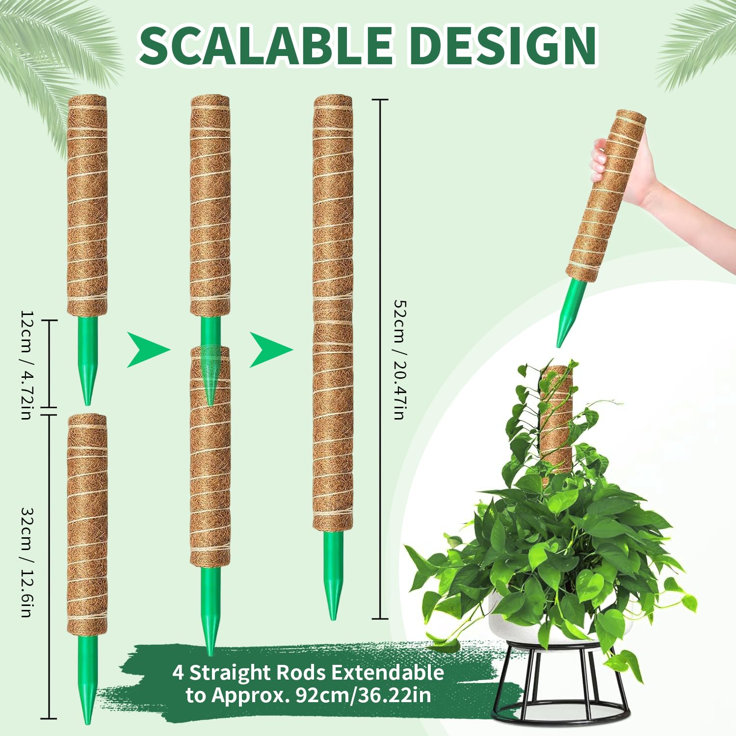 tutores para Plantas,Juego de 4 Postes de Musgo de 32 cm + 1 Poste de Soporte de Musgo Flexible de 100 cm, Postes Apilables para Plantas Trepadoras de Interior, Hiedra y Pothos