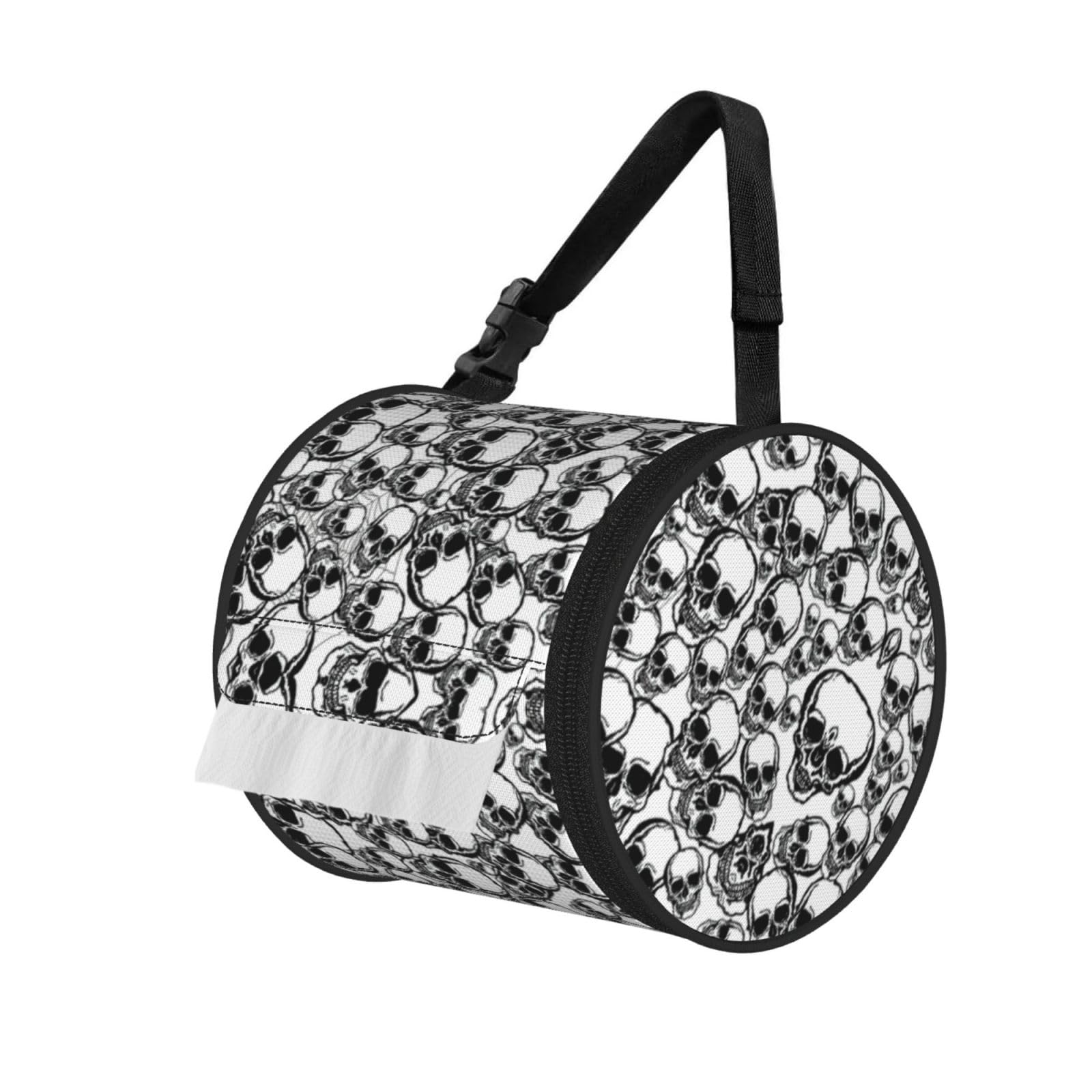 Black and white skulls pattern Printed Hanging Tissue Organizer, Smooth Zipper Oxford Cloth Roll Holder for RV Bathroom Desk