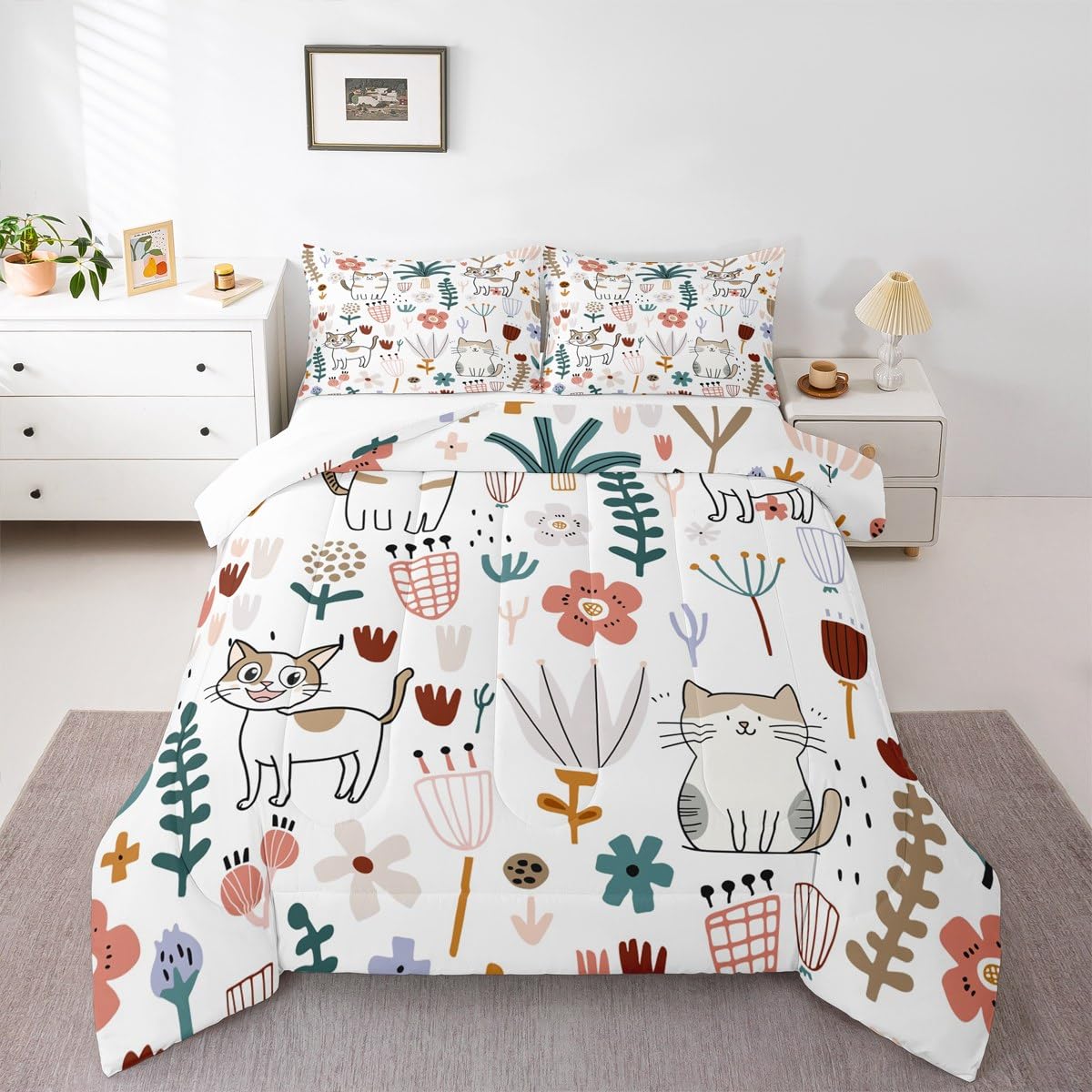 Feelyou Cat Comforter Set Full Size, Cartoon Cat Comforter Set Cute Kitten Print Comforter for Kids Toddler Cat Lover's Animal Duvet Set Botanical Plant Room Decor Lightweight Quilt Set