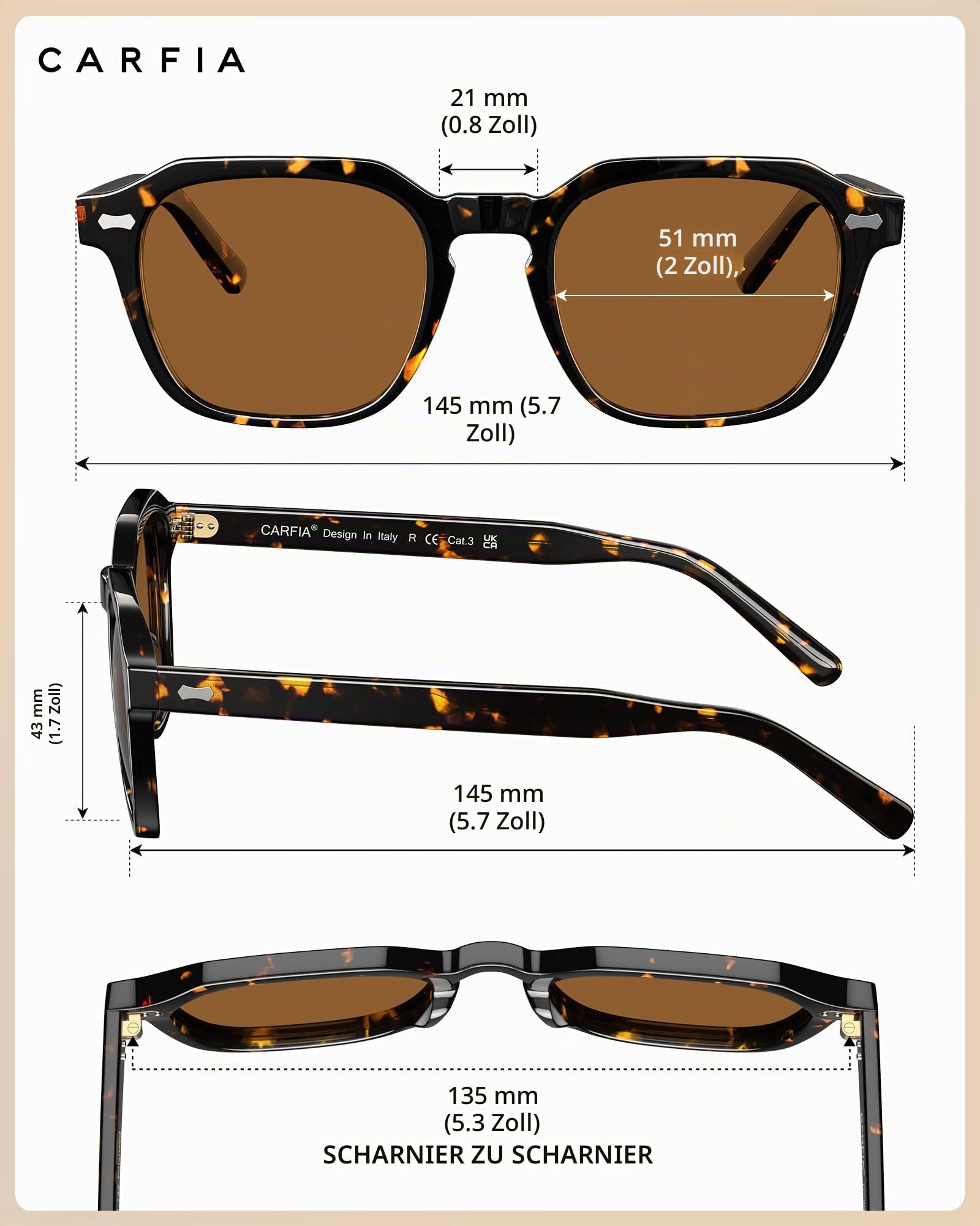 CARFIA Rechteckige Polarisierte Sonnenbrille Herren mit UV400-Schutz | Retro Acetatrahmen,Outdoor Autofahren und Angeln，Vintage Design, Blendschutz,Langlebigkeit, Schweißschutz