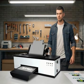 DTF Printer with Inks and Roll Feeder, A3 L1800 DTF Transfer Printing Machine, T-Shirt Direct to Film Printer with White Ink Circulation for Clothes Caps