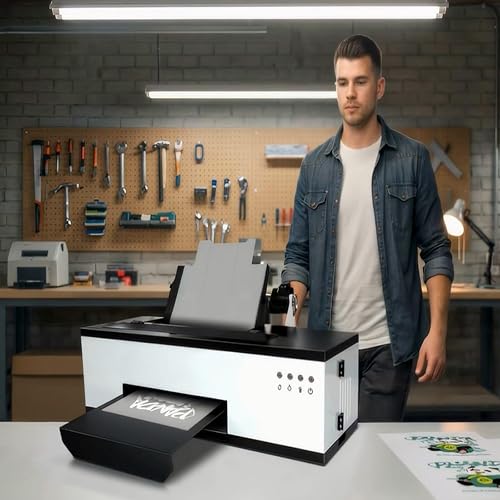 DTF Printer with Inks and Roll Feeder, A3 L1800 DTF Transfer Printing Machine, T-Shirt Direct to Film Printer with White Ink Circulation for Clothes Caps