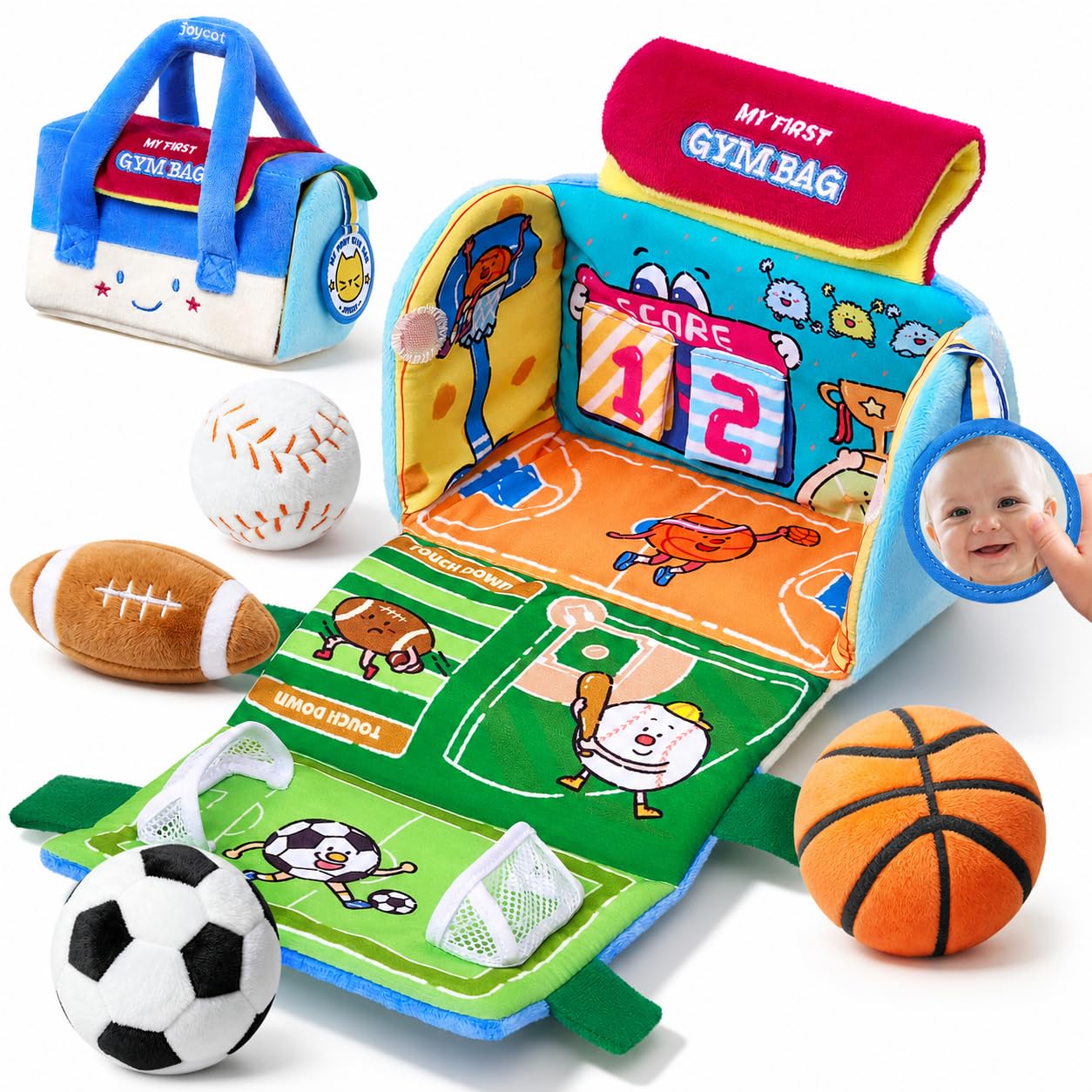 Joycat Baby Toys 0-12 Months, My First Sports Bag Plush Toy, 4 Sensory Balls with Multi-Game Court, Crinkle Rattle for 0-3-6-9-12 Month Newborn Tummy Time Toys, Baby Travel Toy Gifts for Boys Girls