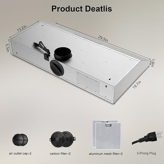Range Hood 30 Inch Under Cabinet, 600 CFM Ducted/Ductless Vent Hood for Kitchen, Stove Vent with Bright LED Lights, Reusable Filters and 3 Speed Exhaust Fan