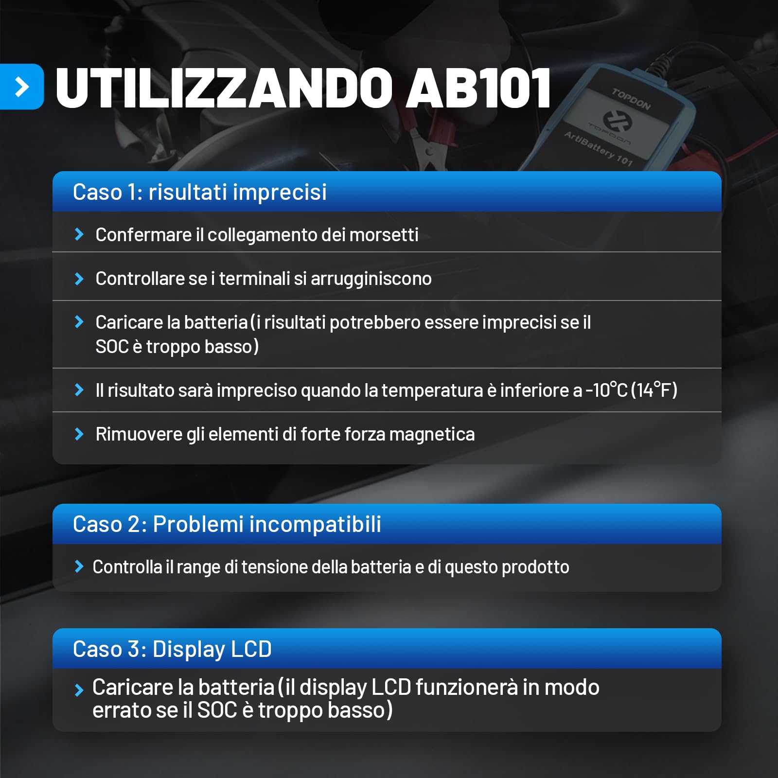 TOPDON ArtiBattery AB101 Tester Batteria 12V Analizzatore Digitale 100-2000 CCA Alternatore Strumento di Scansione Sistema di Avviamento e Ricarica per Auto SUV e Camion Leggeri