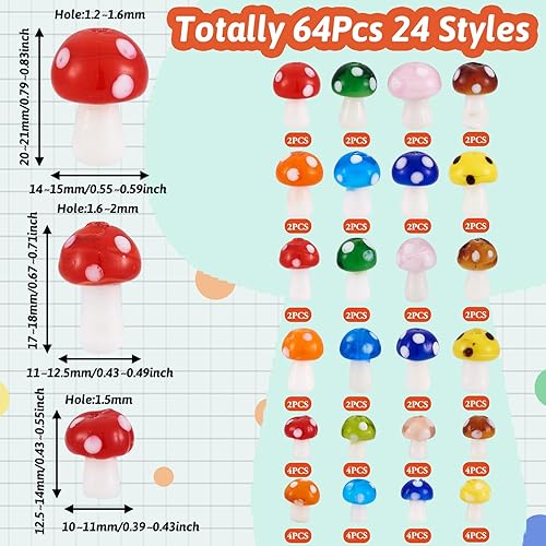 Miniatura 4 de Boutigem 64 cuentas de vidrio de hongo, hechas a mano, cuentas de champiñón, bonito accesorio de adorno de 24 estilos de 0.47 a 0.83 pulgadas para