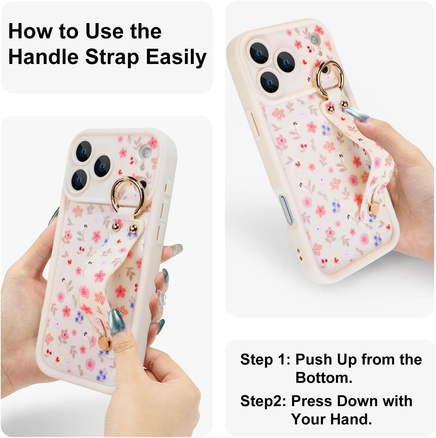 Compatible with iPhone 17 Pro Max Case with Finger Hand Wrist Strap for Girls Women, Cute Flowers Floral Phone Case with Wristband Kickstand, Durable Silicone Protective Cover, Floral - Image 3