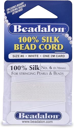 Beadalon Fil de soie, taille #6, 0,70 mm, blanc, avec aiguille, 2 m