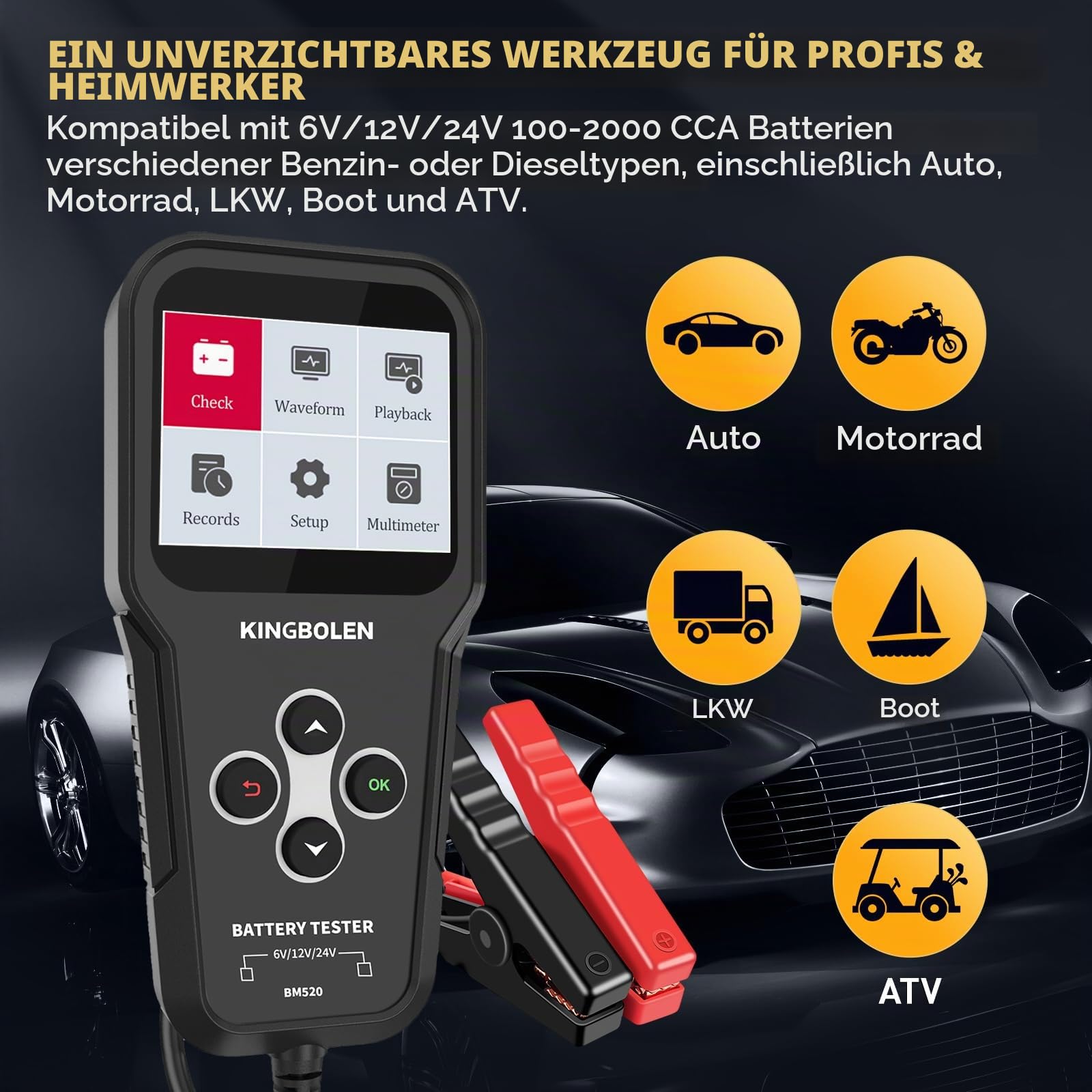 KINGBOLEN BM520 6V/12V/24V Autobatterietester, 100-2000 CCA Batterietester Kfz mit Batteriestatusprüfung Anlasstest Ladetest, Lichtmaschinen Tester für Auto Motorrad ATV SUV LKW Boot