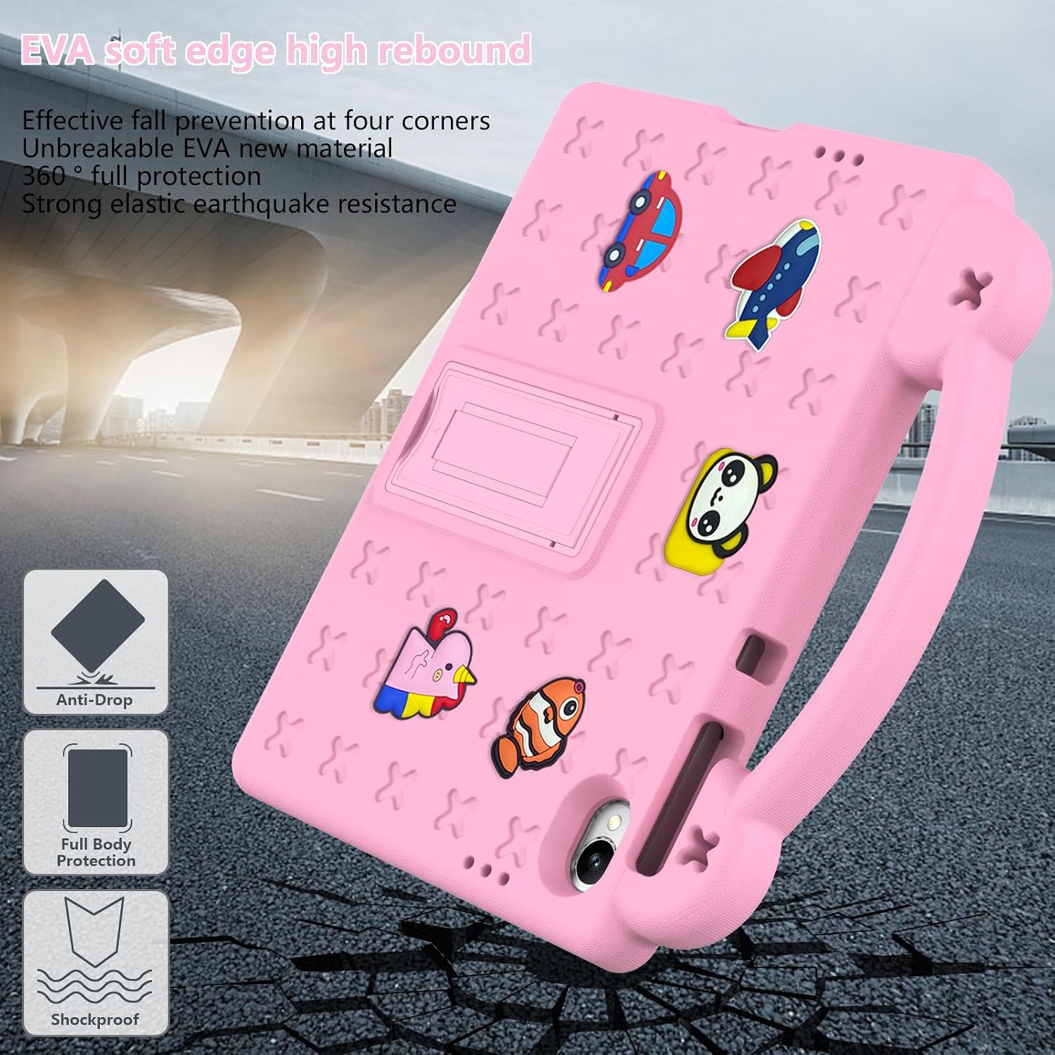 Dteck for Onn 11 inch Core Tablet (2026 Model) Soft EVA Foam Case with Shoulder Strap, Built-in Kickstand, Handle, Removable Cute 3D Cartoon Charms, Lightweight Shockproof Protective Kids Case, Pink image 5