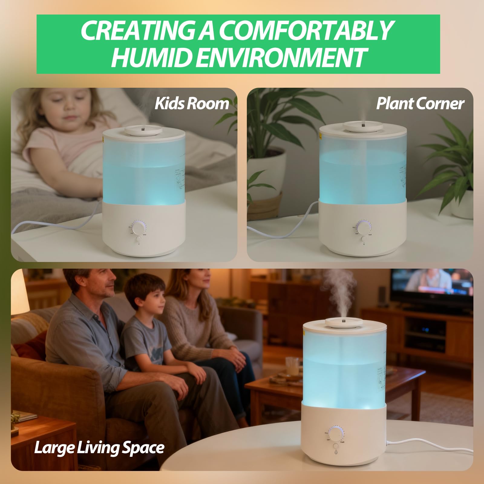 Cozary Humidificateur d'Air Chambre 2.5L Top-Fill, 28H Diffuseur d’Huiles Essentielles, Arrêt Automatique, 23 dB Silencieux, 7 Color Light, Buse à 360°, pour Chambre à Coucher,Chambre Bebe,Plantes