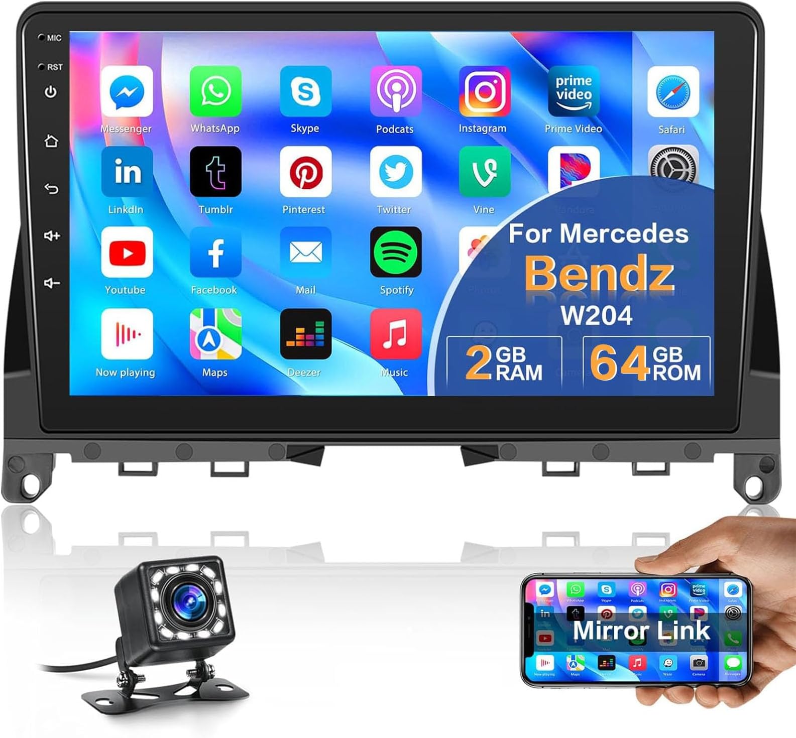 [2+32GB] Hikity 9" Android Car Stereo for Mercedes Benz C-Class W204 S204 2007 2008 2009 2010 Double Din Touchscreen Car Stereo with GPS Sat Nav Mirror Link RDS FM Radio Bluetooth USB SWC Reverse Cam