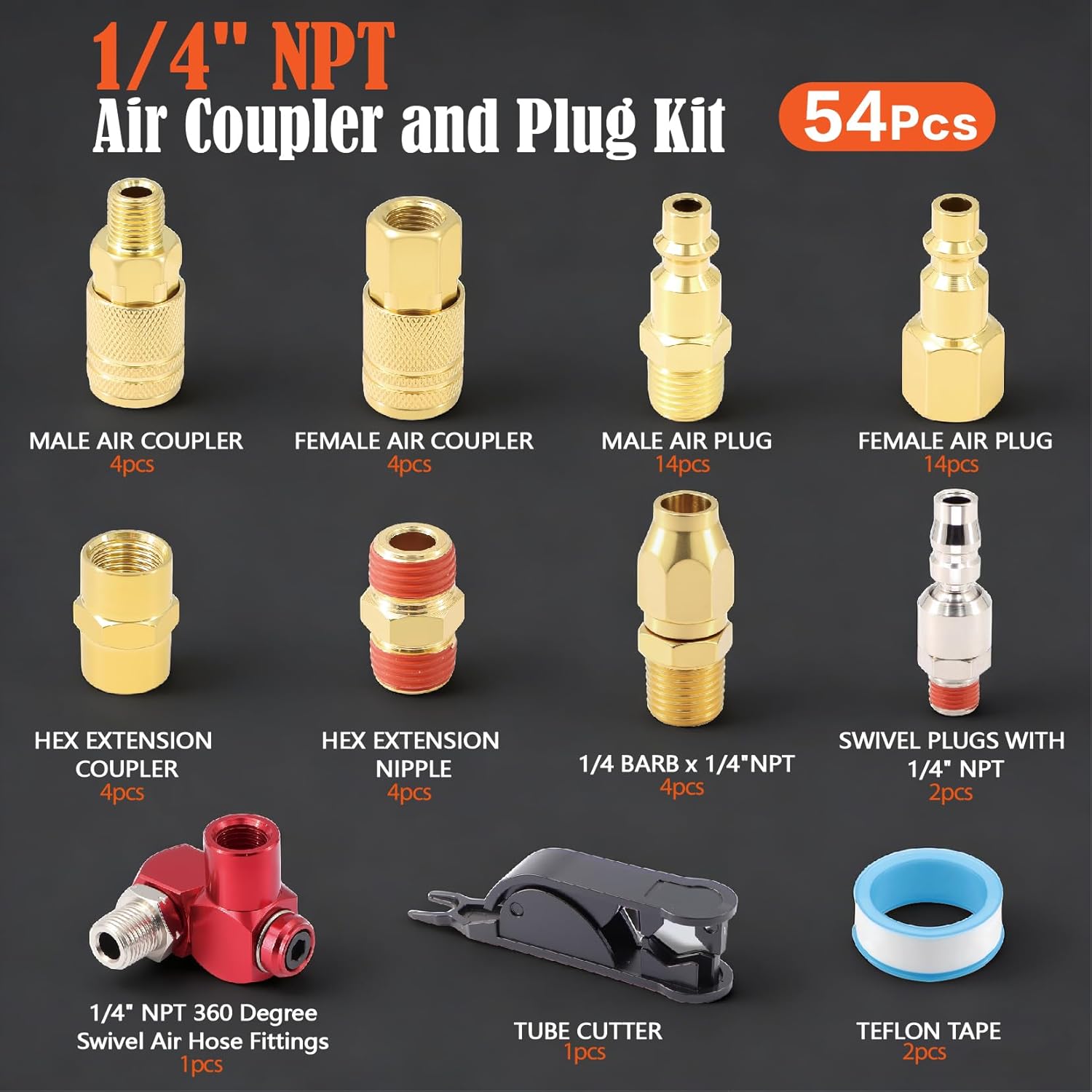 1/4" NPT Air Coupler and Plug Kit,54-Piece Industrial Quick Connect Brass Fittings Set for Air Compressor Accessories and Air Hose