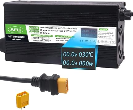 AFU 54.6V 10A Charger 13S 48V Li-ion Battery Charger with OLED Charging Display for Lipo/LiMn2O4/LiCoO2 Battery Charger Black Aluminum Case Safe and Durable XT60 Male Plug