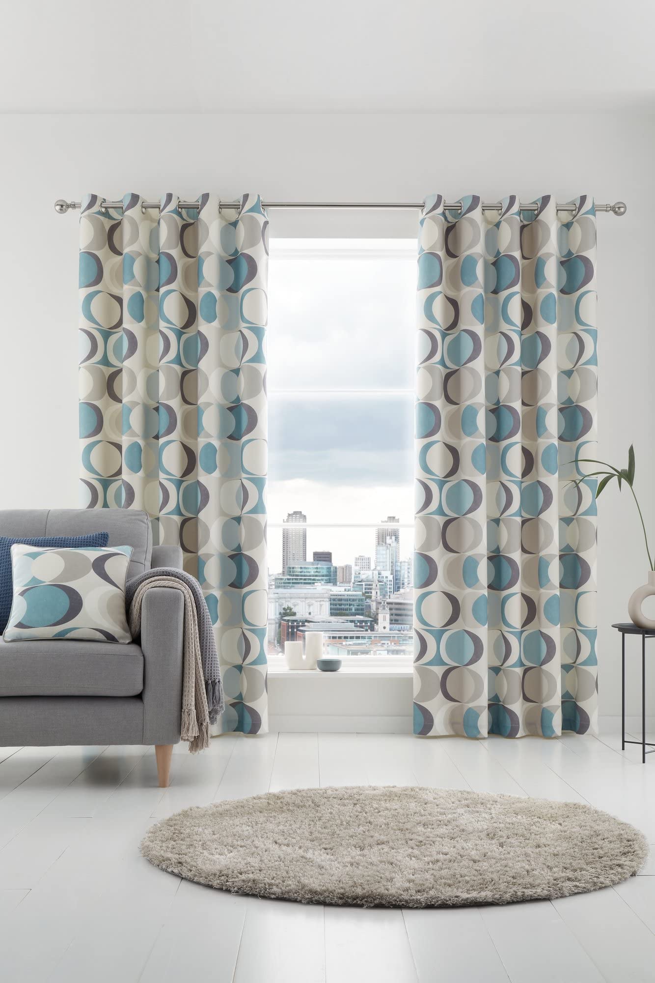 Fusion Duck Egg Geometric Eyelet Curtains, 90x72 (229x183cm), 100% Cotton, Pair of Lined Panels, Retro Crescent Circle Print - Image 2