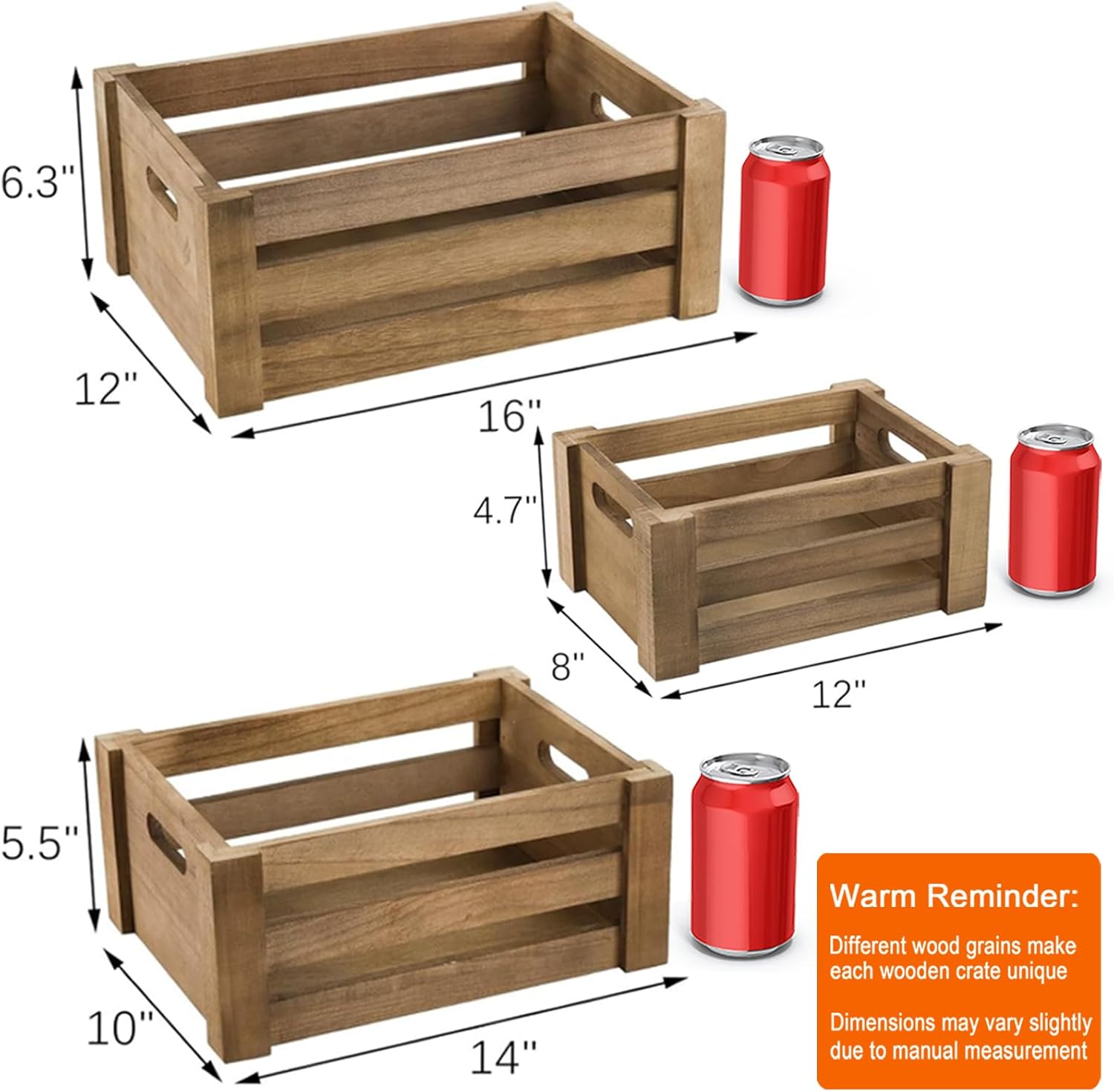 Lawei Set of 3 Wood Nesting Storage Crates with Handle, Rustic Farmhouse Decorative Wooden Crates Distressed Crates Storage Container for Display, Large Vintage Wood Decor Crates Wooden Baskets