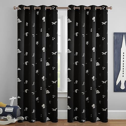 Miniatura 2 de Vangao Cortinas opacas negras de dinosaurio para niños, habitación de guardería, habitación de niñas, estampado de dinosaurios plateados, cortinas