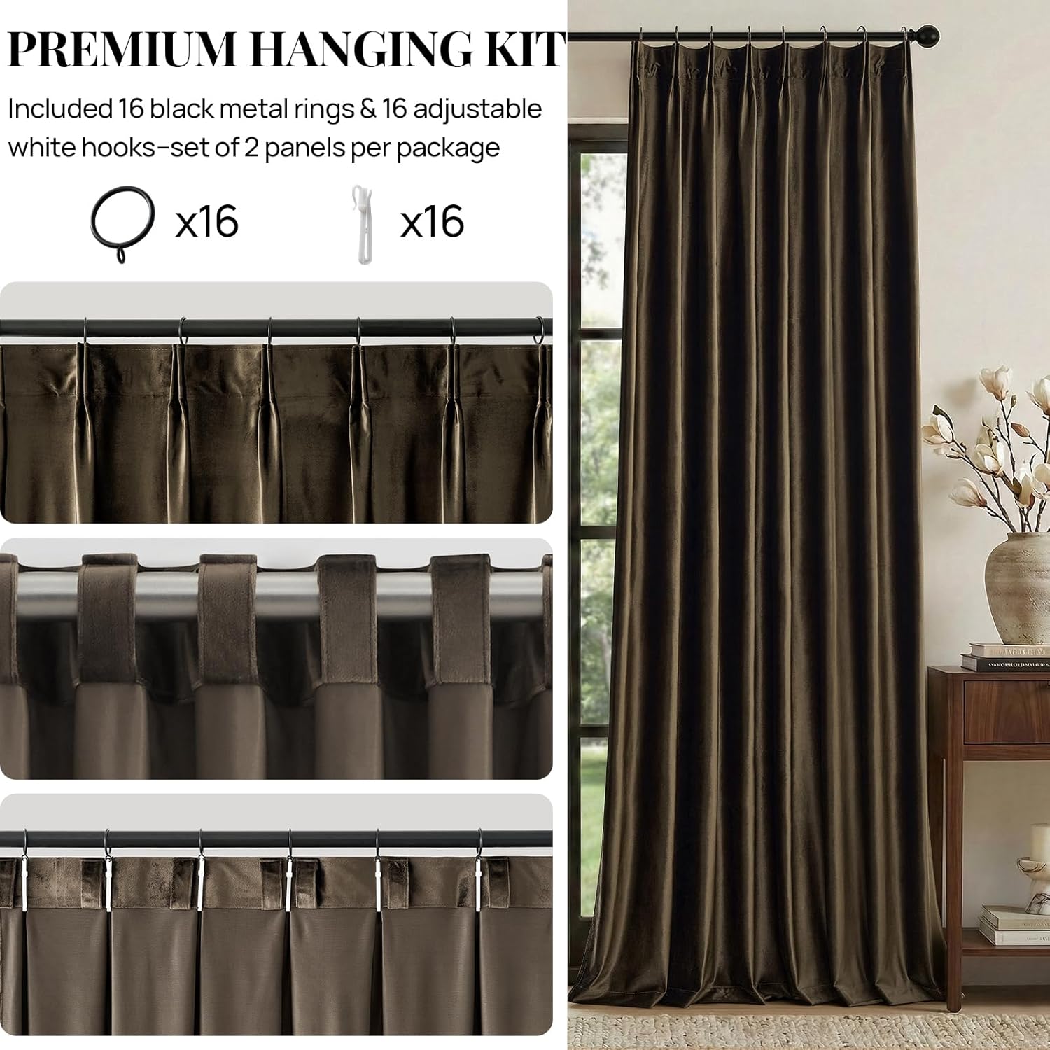 Brown Velvet Pinch Pleated Curtains: Living Room 96 Inches Long 2 Panels Set Luxury Darkening Thermal Insulated Drape with Hooks- Elegant Soundproof Noise Reducing Back Tab Window Curtain for Bedroom