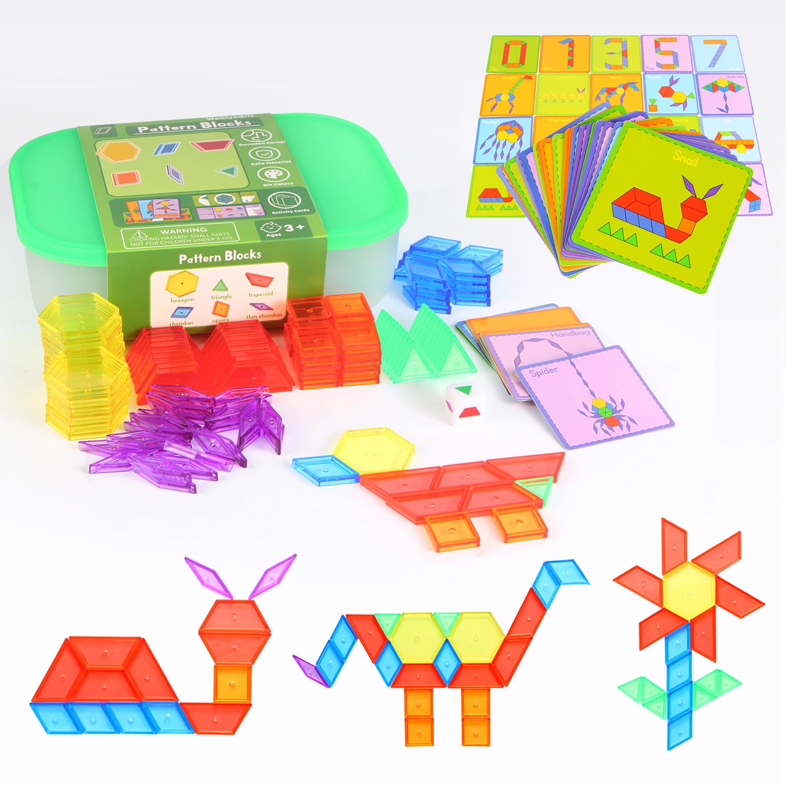 WaGlyndric 188 Pcs Translucent Plastic Pattern Blocks Set, Light Table Manipulative for Shape Recognition, Fun Geometric Shapes Tangram Puzzle with Storage Box