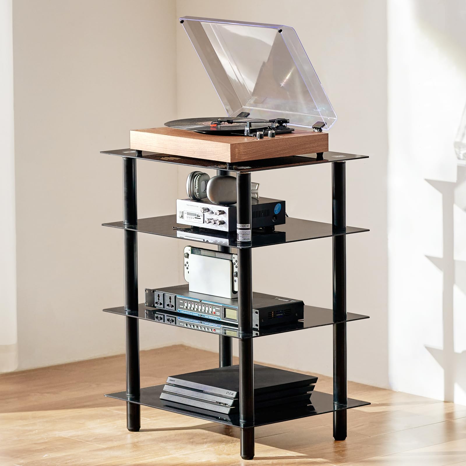 VEVOR Scaffale Portaoggetti Multimediale per Dischi Vinile Giradischi Vinile, Supporto Multimediale Audio-video 4 Ripiani in Vetro Temperato per Attrezzatura di Videogiochi, Mobiletto Portaoggetti