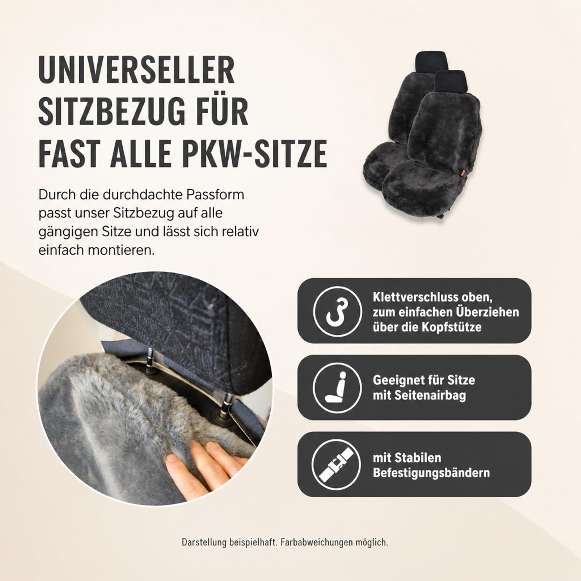 Felle Autositzbezug/Autofell Premium aus hochwertigem Lammfell – 2 Stück – Universelle Passform – Geeignet für alle Jahreszeiten – Einfache Montage – Lange Haltbarkeit (Schiefer)