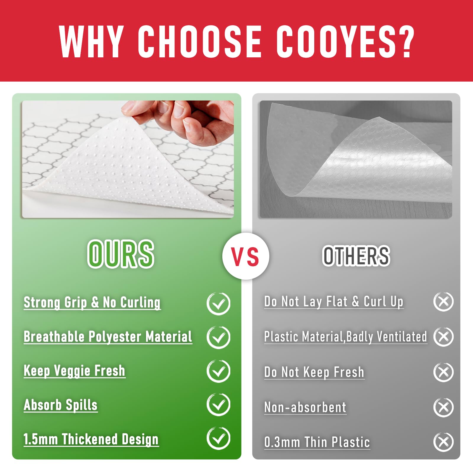 Cooyes Forros de refrigerador 2 en 1 y tapetes frescos para cajones de nevera y estantes de vidrio, forros absorbentes para nevera, lavables, de tela sin BPA, mantiene los productos frescos durante