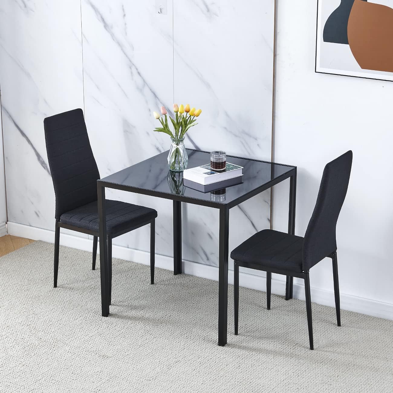 NICEME Dining Room Set, Black Glass Dining Table with Chairs, 75x75 cm