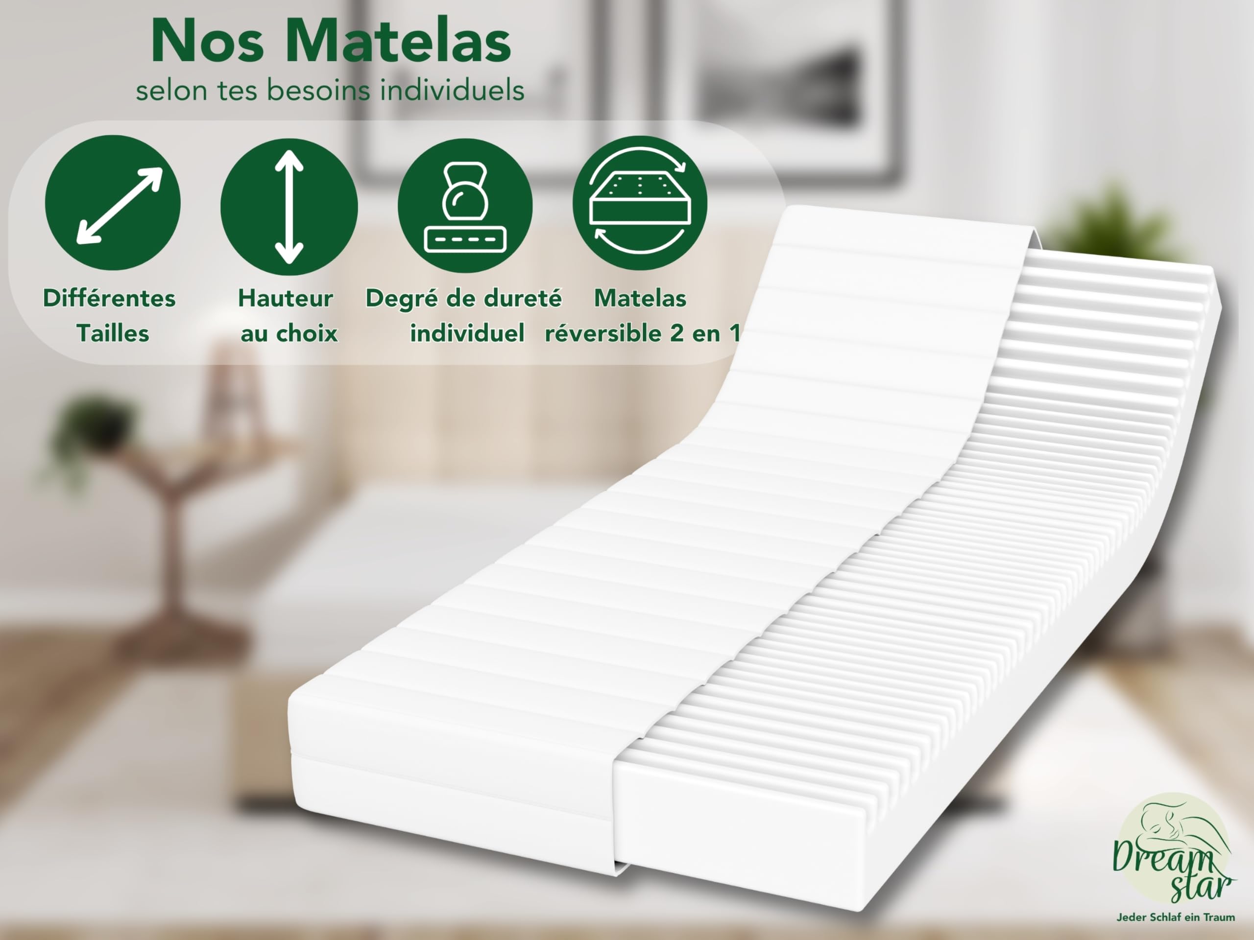DREAMSTAR Easy Flex Matelas ergonomique en mousse froide, à 7 zones, certifié Öko-Tex, degré de fermeté H2 et H3, enroulable, 13 cm, fabriqué en UE, 80 x 190 cm