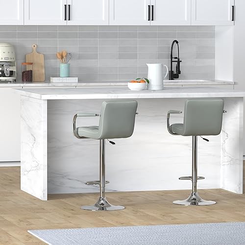 Miniatura 2 de Leopard Taburetes de bar ajustables con reposabrazos, respaldo cuadrado, doble costura giratoria con taburete trasero, juego de 2 (gris claro) gris